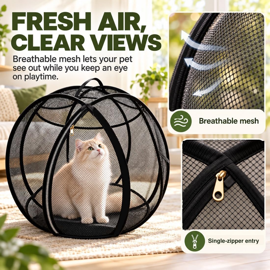 360° Panoramic Pop-Up Rolling Cat Playpen Ball, 27" Hamster Ball for Cats