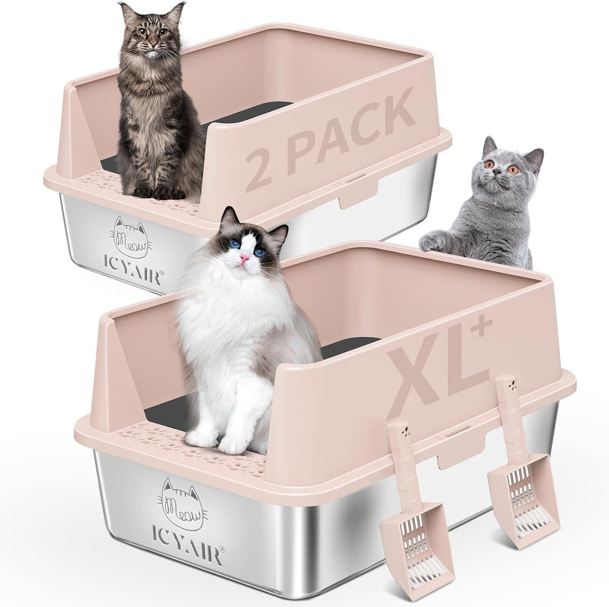 2PACK Stainless Steel Cat Litter Box with High Sides Lid, Extra Large XL Litter Box for Big Cats, Metal Kitty Litter Box