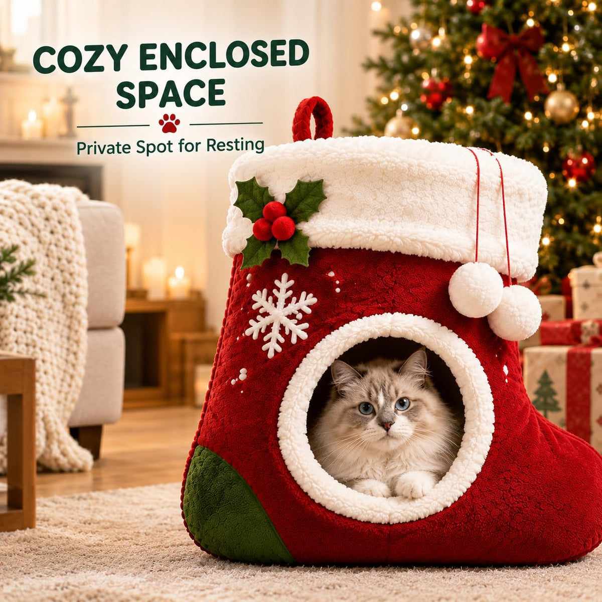 Christmas Cat Cave Bed Enclosed Cat House for Indoor Cats Christmas Stocking Shape Warm Soft Plush Cat Hideaway Bed Anti