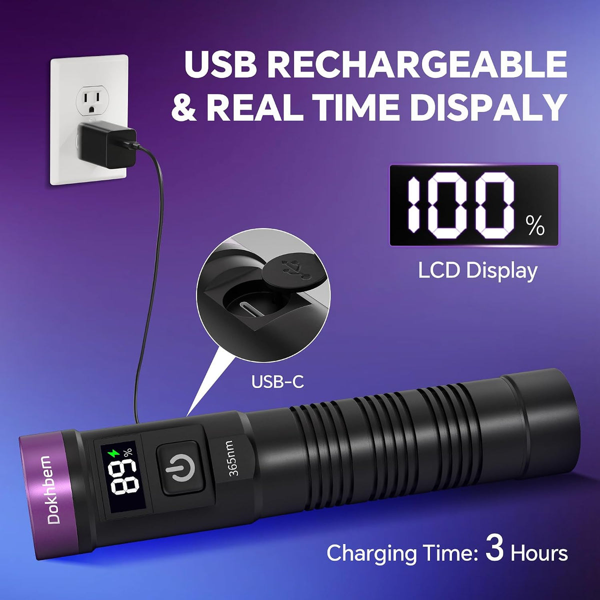 365nm 3LED UV Flashlight Black Light Powerful UV Light Rechargeable