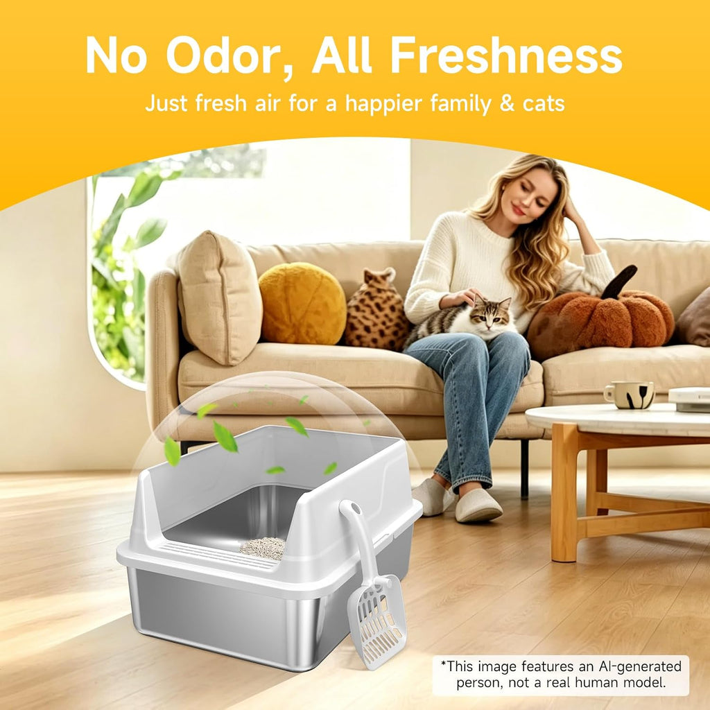 Stainless Steel Litter Box with Scoop,Small Metal Pan for Cats, Light Gray