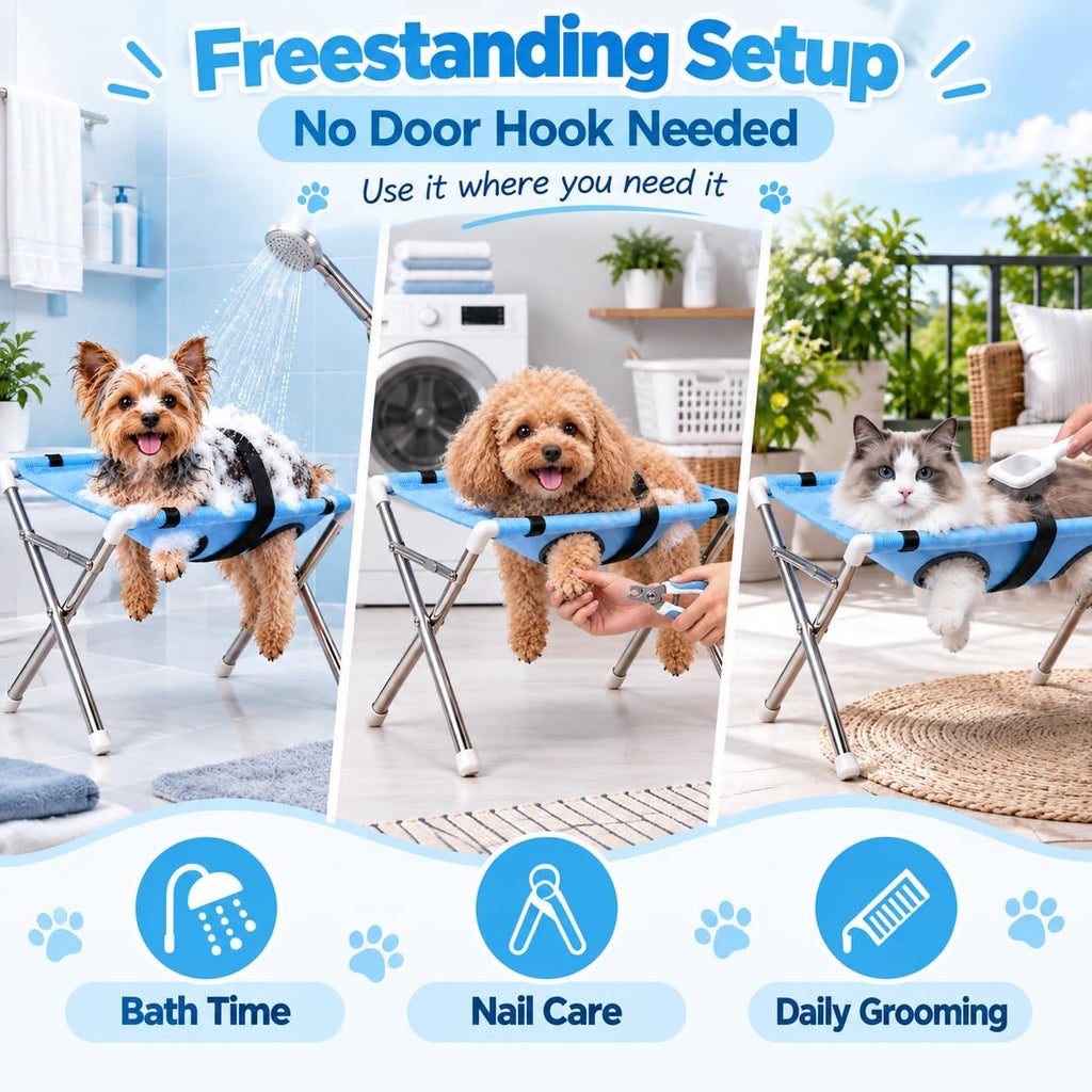 Dog Grooming Hammock with Stand for Small Dogs and Cats, Foldable Stainless Steel Frame, 8-Opening Mesh Sling for Nail T