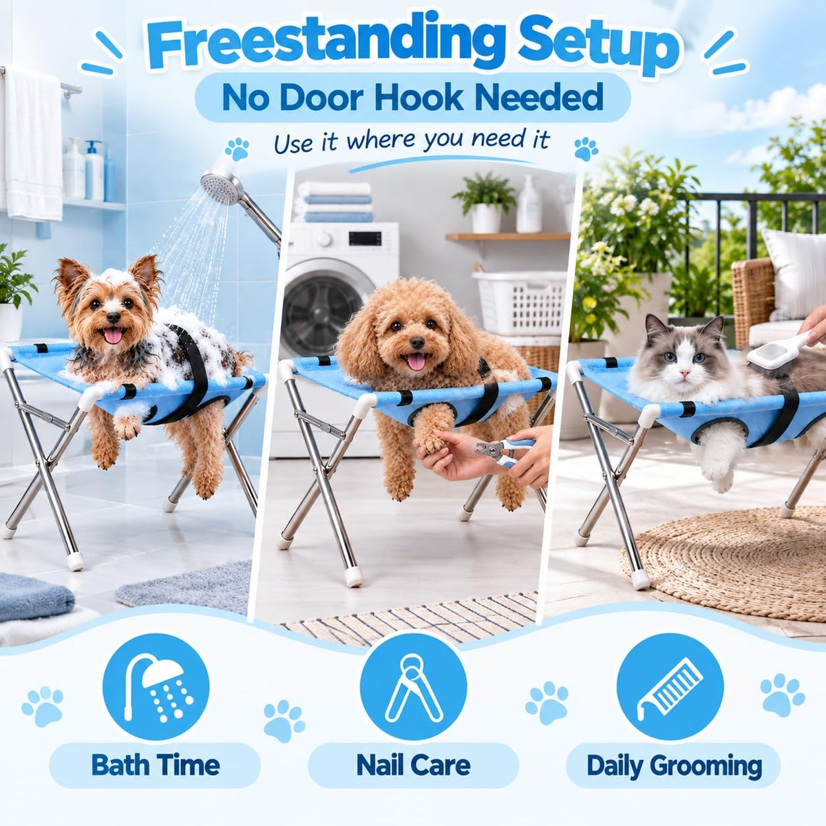 Dog Grooming Hammock with Stand for Small Dogs and Cats, Foldable Stainless Steel Frame, 8-Opening Mesh Sling for Nail T