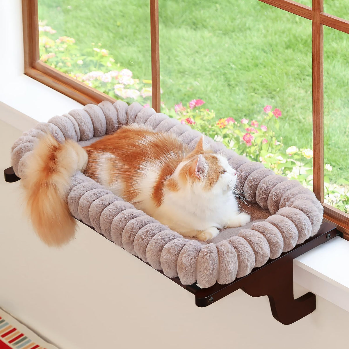 Zakkart SnugCloud Cat Perch for Windowsill (Natural Wood/Cream White, M)