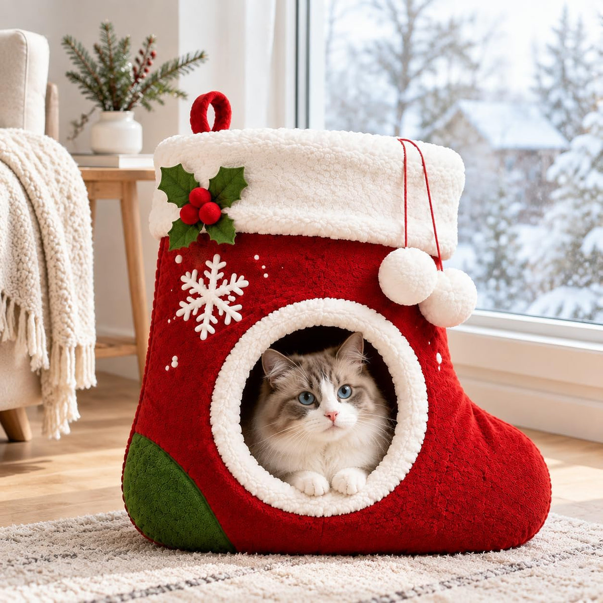Christmas Cat Cave Bed Enclosed Cat House for Indoor Cats Christmas Stocking Shape Warm Soft Plush Cat Hideaway Bed Anti