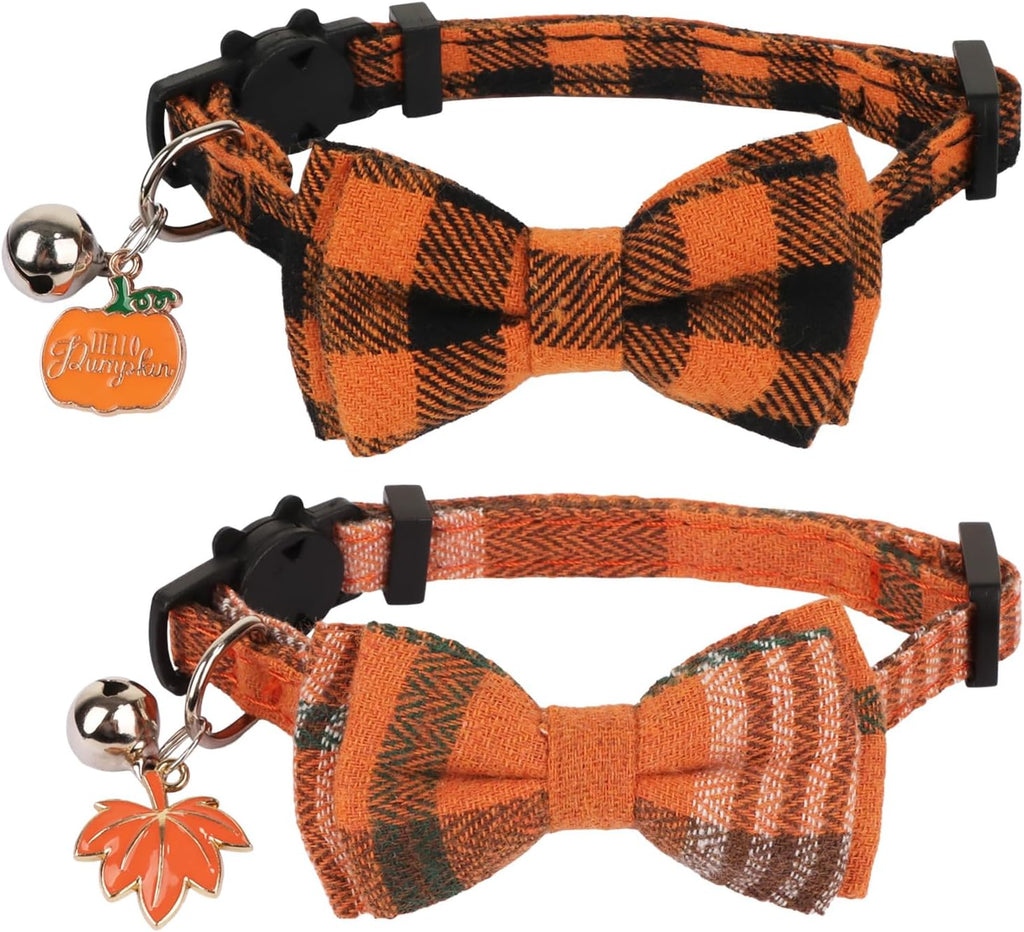 PTDECOR Fall Cat Collar with Stylish Bow, Thanksgiving Orange Plaid Collar