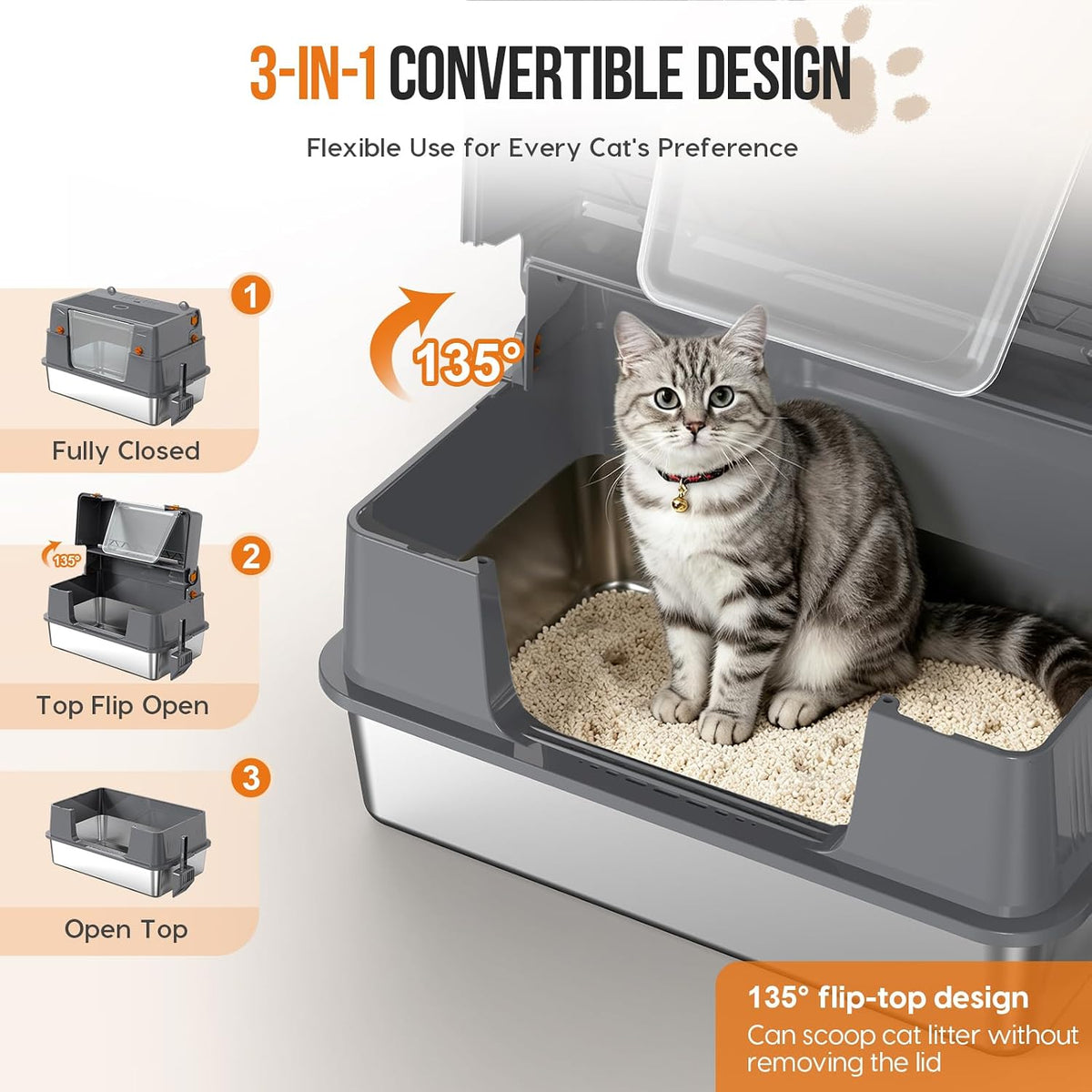 Stainless Steel Litter Box with Lid,135° Flip-Top Lid Litter Box