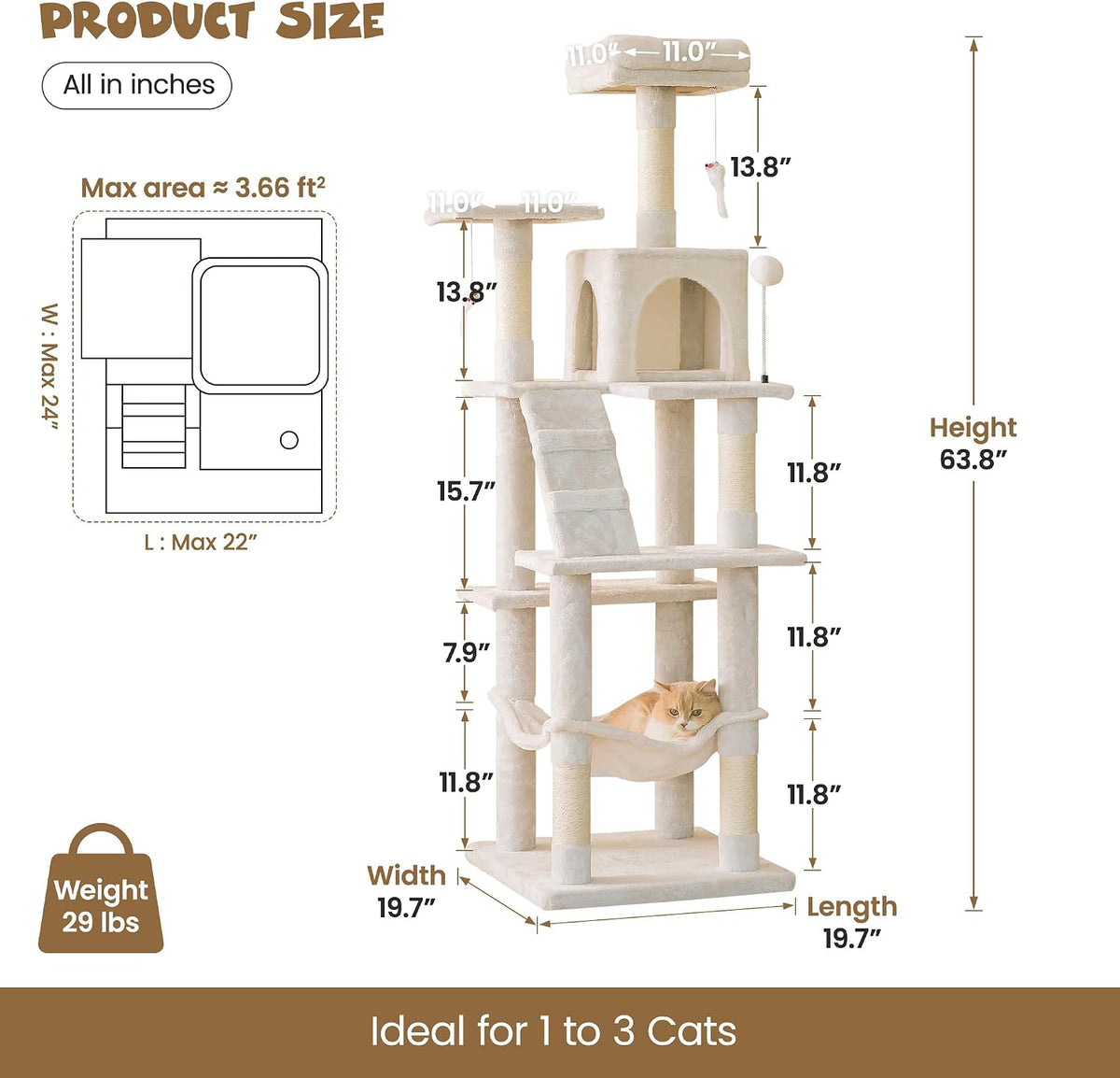 63.8 inches Multi-Level Cat Tree for Large Cats with Sisal-Covered Scratching Posts, Padded Platform, Hammock and Condo,