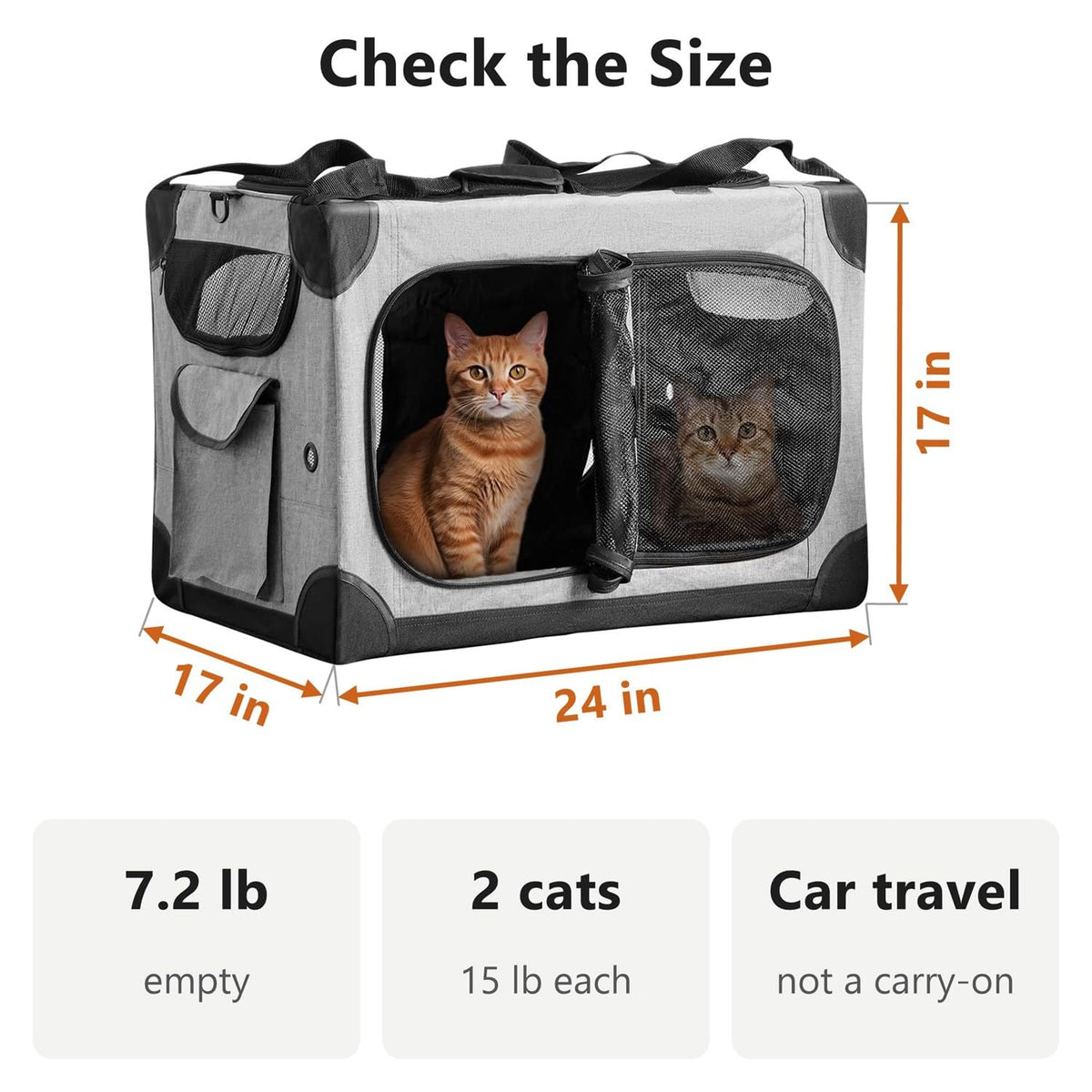 FuzzyNest Large Cat Carrier for 2 Cats, 24x17x17 in, Metal Frame, Gray