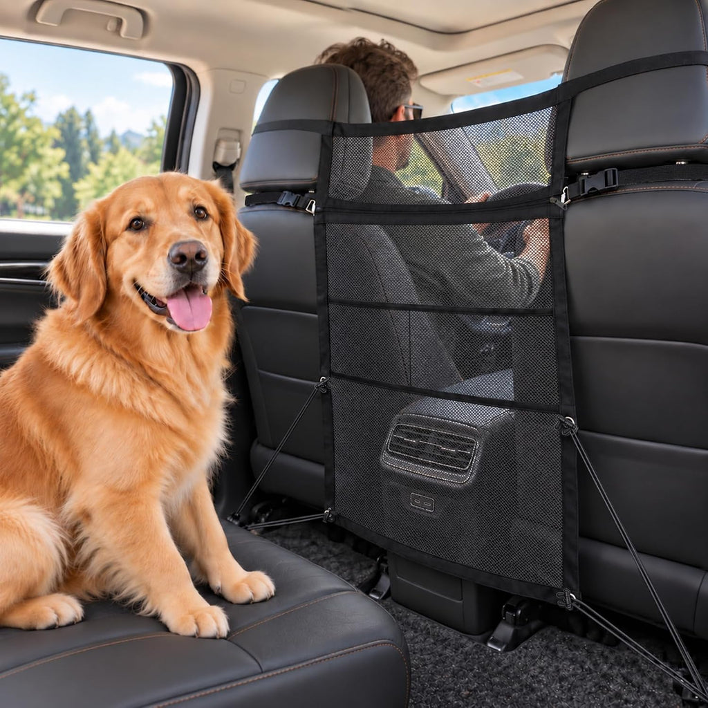 Dog Car Barrier with Mesh Organizer, Heighten Pet Safety Divider for Car