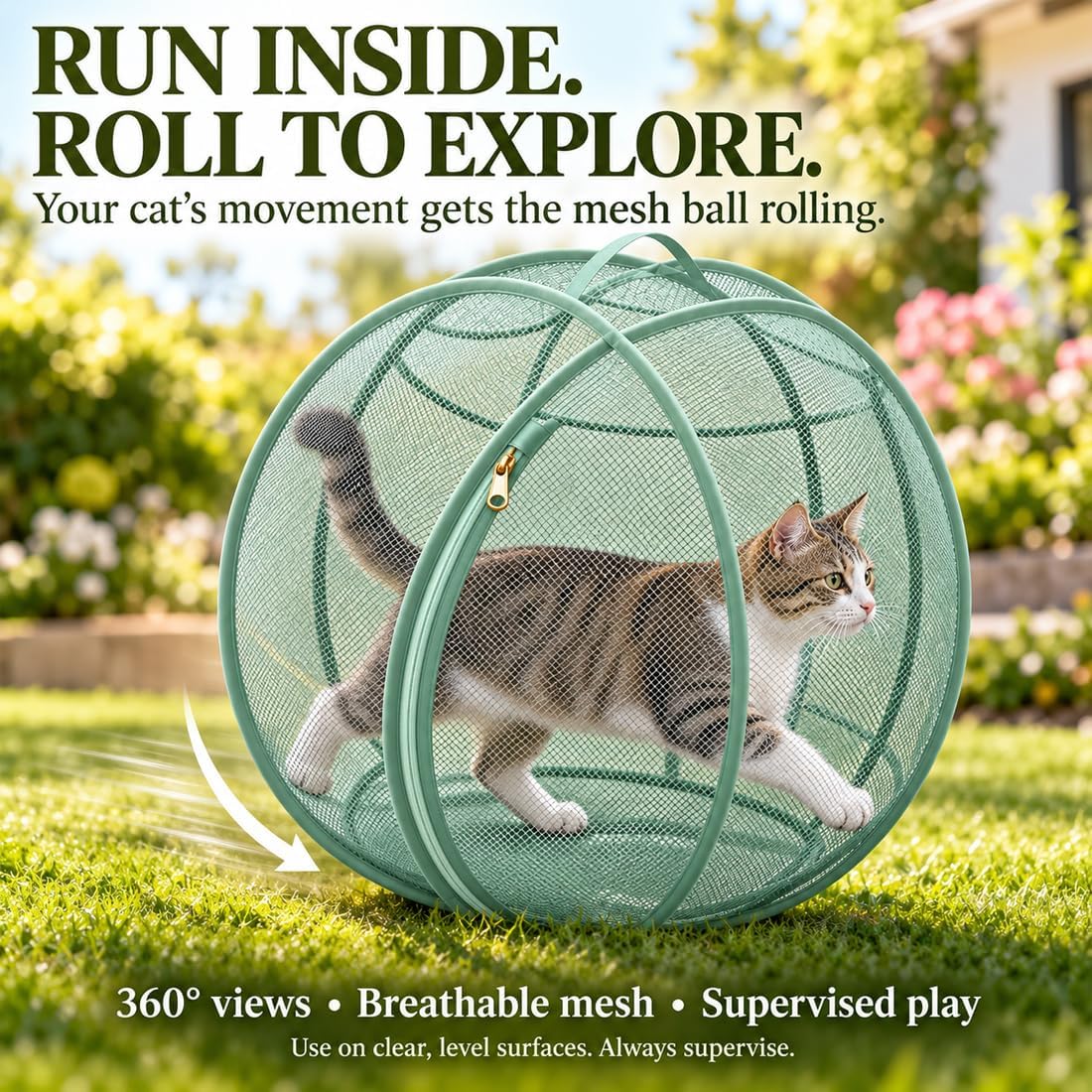 360° Panoramic Pop-Up Rolling Cat Playpen Ball, 27" Hamster Ball for Cats