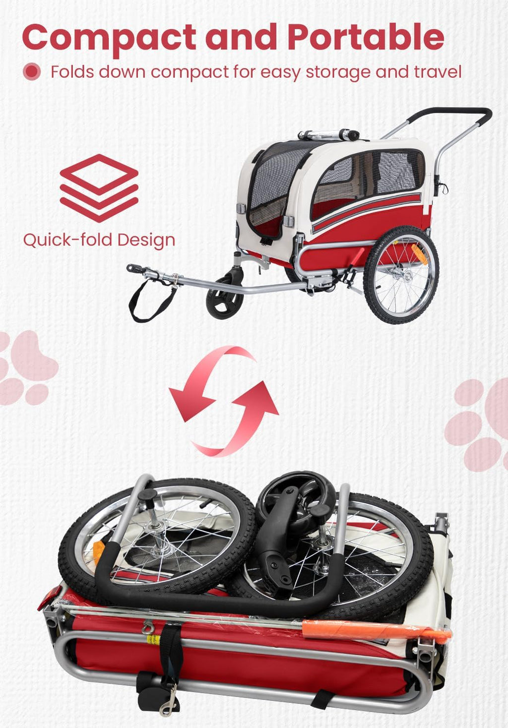2 in 1 Pet Bicycle Trailer with a 6" Stroller Wheel Suitable for Small and Medium Dogs, Carrier Up to 66/88 LBS, Easy Fo