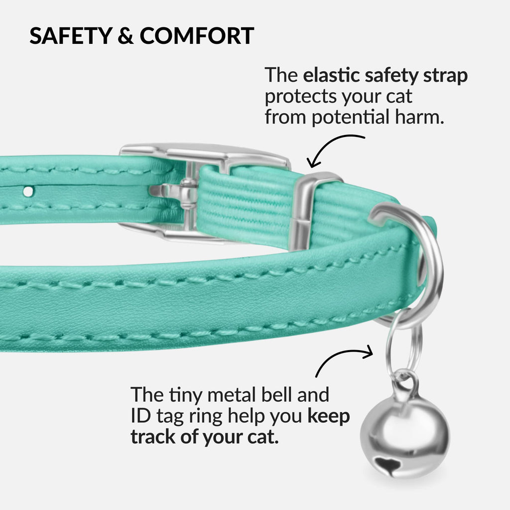 Soft Leather Cat Collar with Safety Elastic Strap - Mint Green