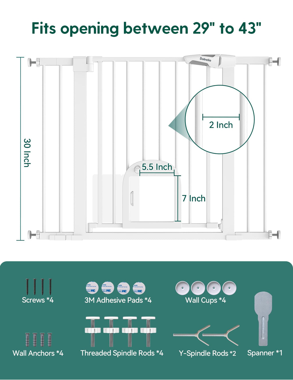 Babelio Dog Gate with Adjustable Cat Door, CatPrivilege III, 29-43", White