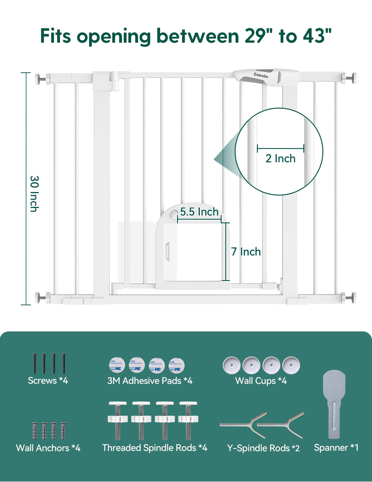Babelio Dog Gate with Adjustable Cat Door, CatPrivilege III, 29-43", White