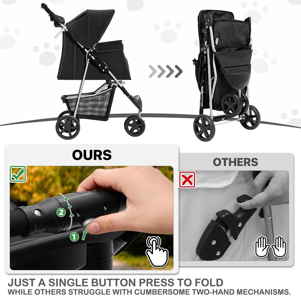 MoNiBloom Pet Stroller for Small/Medium Dogs and Cats up to 33 lbs, Black