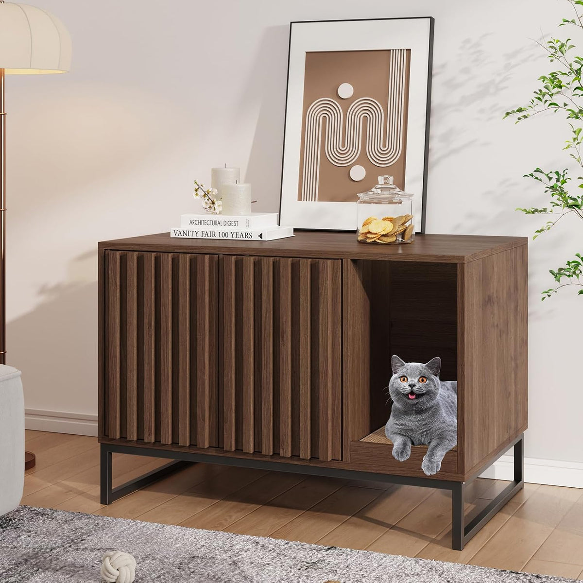 Cat Litter Box Enclosure, Modern Hidden Litter Box Furniture with Scratch Pad, Indoor Cat Washroom House End Table, Entr