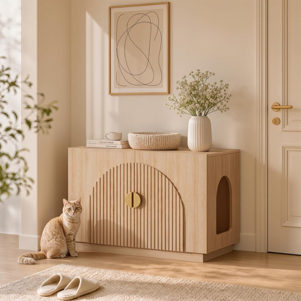 Amunrbrek Cat Litter Box Enclosure Furniture, 31.5" Arched Fluted Cabinet