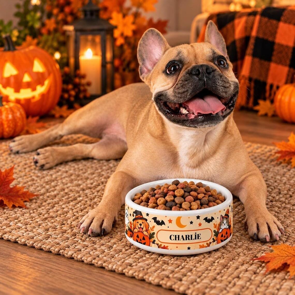 Personalized Halloween Pet Bowl, Custom Dog Cat Ceramic Feeder Dish Gift