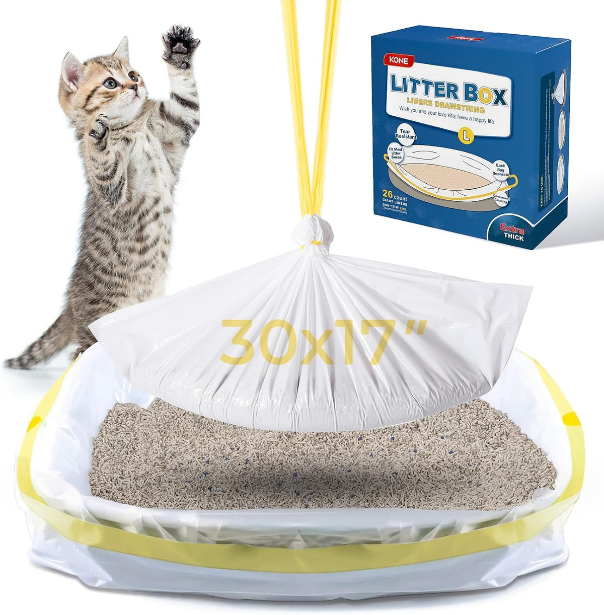 KONE Cat Litter Box Liners, 14 Count Jumbo Extra Durable Large Drawstring Kitty Litter Pan Bags Cat Waste Litter Bags Pe