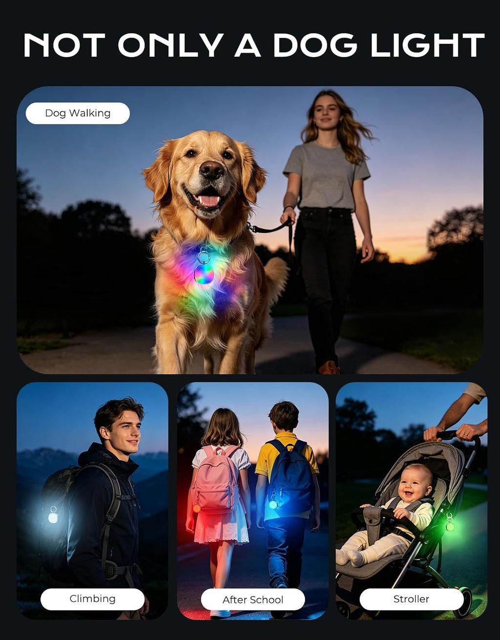 Safety Light 100LM, 4 Modes Dog Collar Light/Stroller/Backpack Light