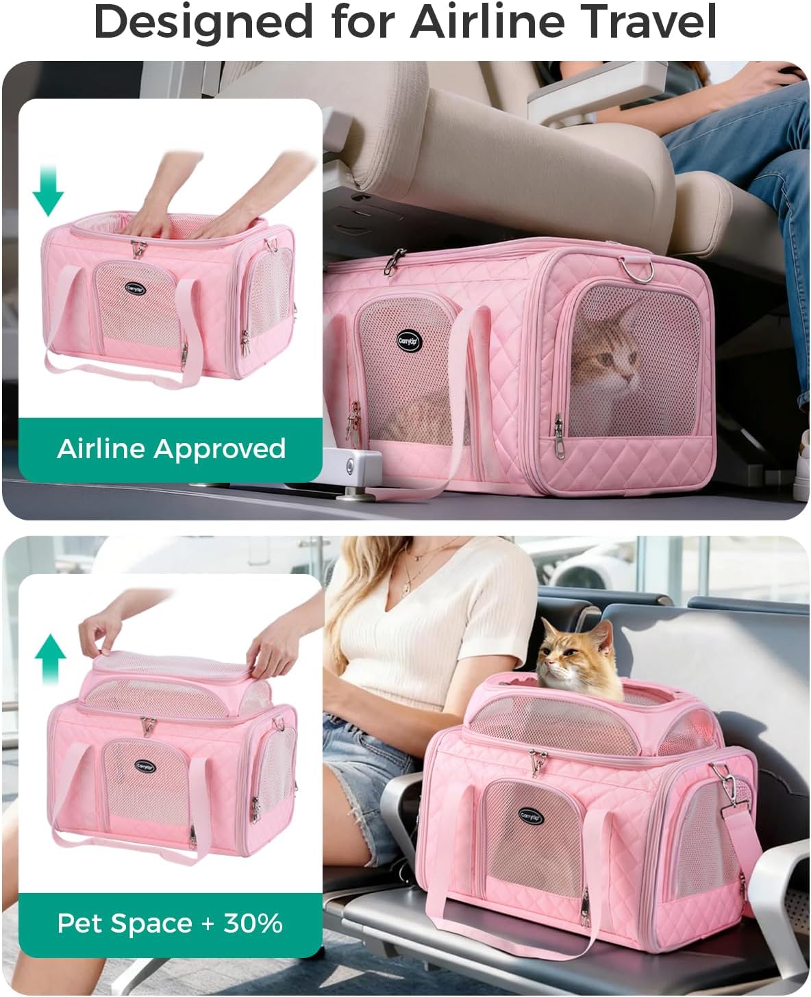 Pet Carrier Airline Approved 18x13x9.5 in, Soft-Sided Top-Expandable, Pink