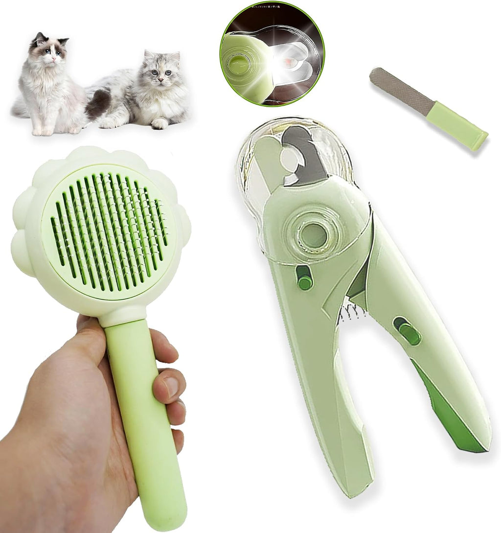 Self Cleaning Cat Brush for Shedding, LED Light Nail Clipper and Nail File