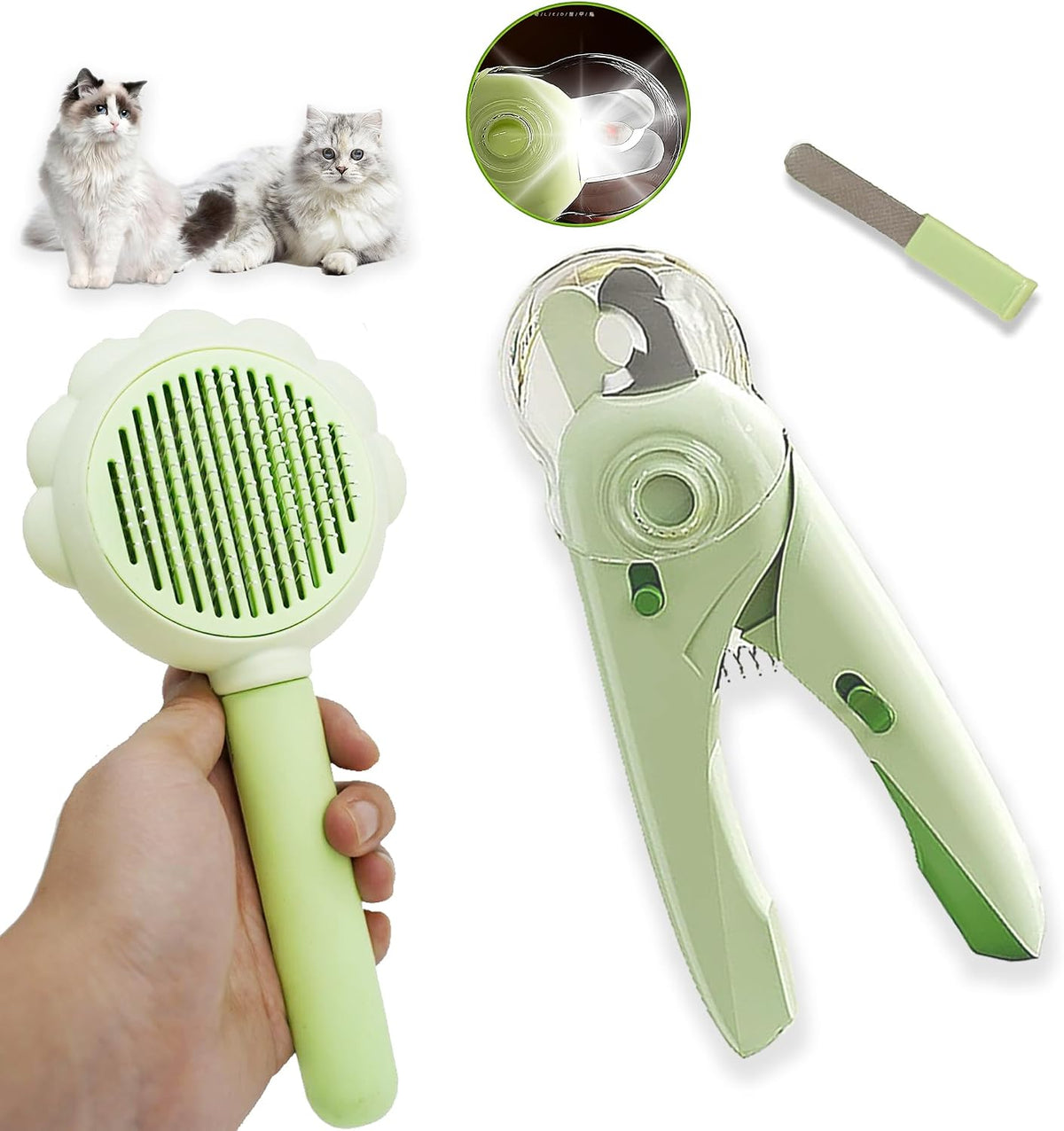 Self Cleaning Cat Brush for Shedding, LED Light Nail Clipper and Nail File