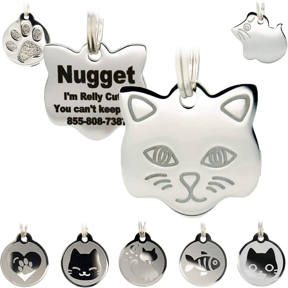 Stainless Steel Cat ID Tags - Engraved Personalized Cat Tags Includes up to 4 Lines of Text with Cat Shape