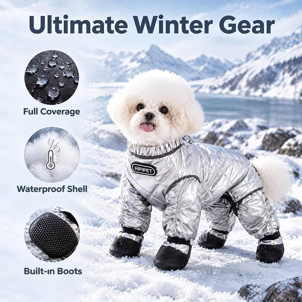 Dog Winter Suit with Boots, Full Coverage Dog Snowsuit，Silver：Large