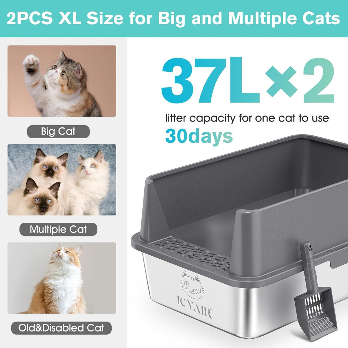 2PACK Stainless Steel Cat Litter Box with High Sides Lid, Extra Large XL Litter Box for Big Cats, Metal Kitty Litter Box