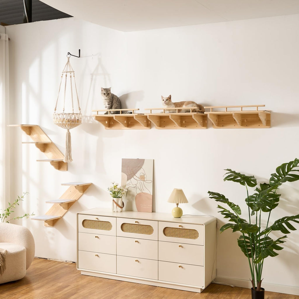 3-Pack Wall Mounted Cat Running Shelves, Parkour Course, Natural Wood