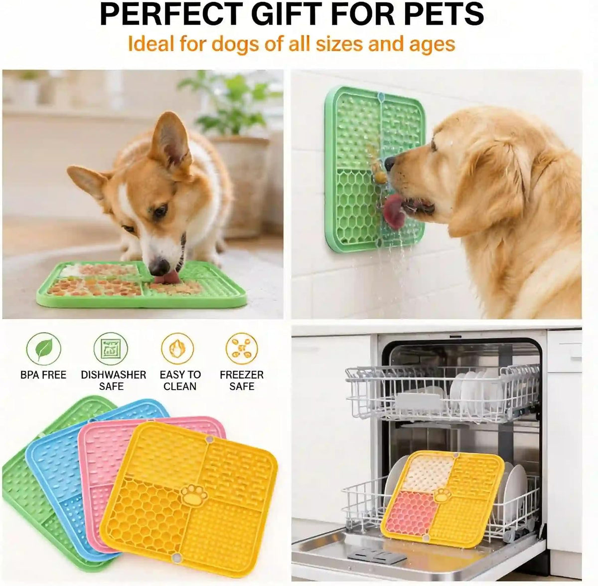 4 Pack Licking Mat for Dogs & Cats with Suction Cups, Silicone Slow Feeder Lick Pads for Peanut Butter, Bathing, Groomin