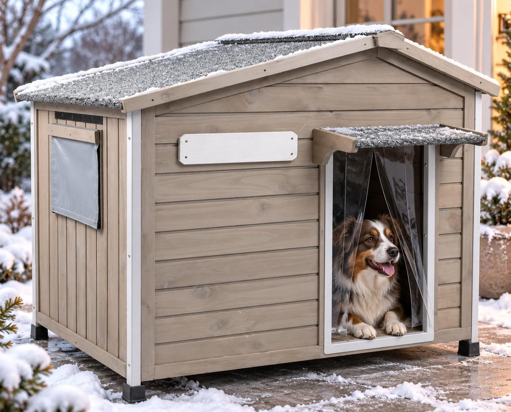 Dog House Outdoor with Reinforced Iron Frame Wooden Kennel