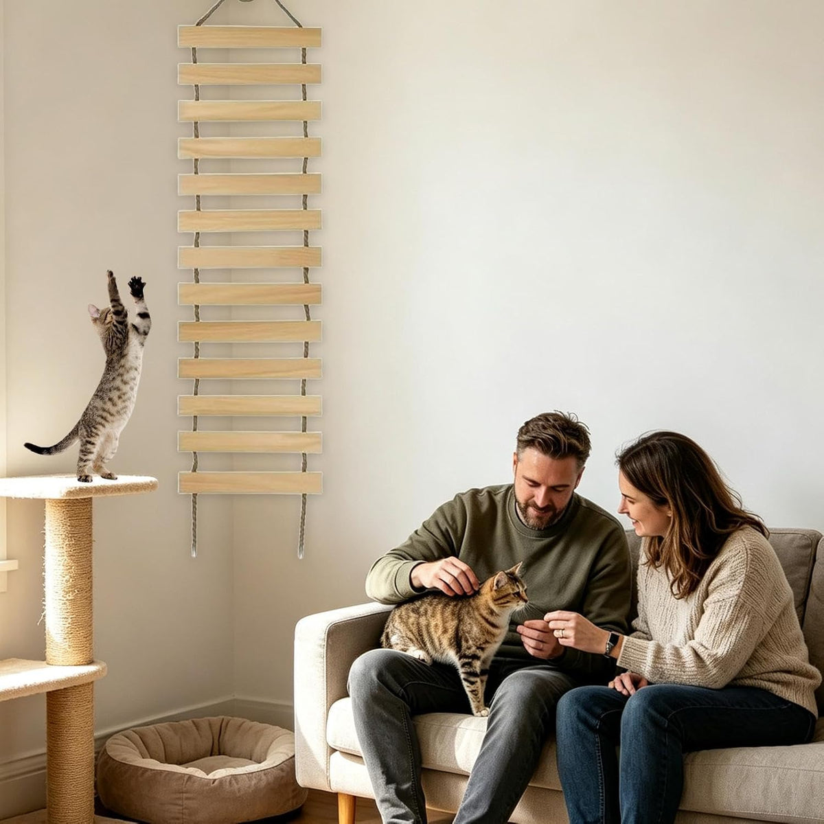 Wall-Mounted Cat Ladder, Wooden Cat Bridge with Multi-Level Steps