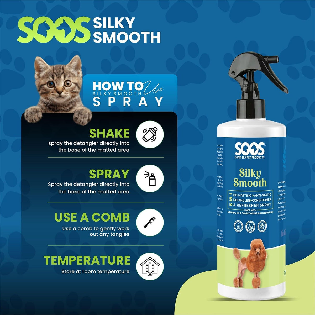 Soos Pet Silky Smooth 5-in-1 Leave-On Conditioning Spray for Dog & Cat | Moisturizing, Anti-Itch, Softens Coat, Natural 