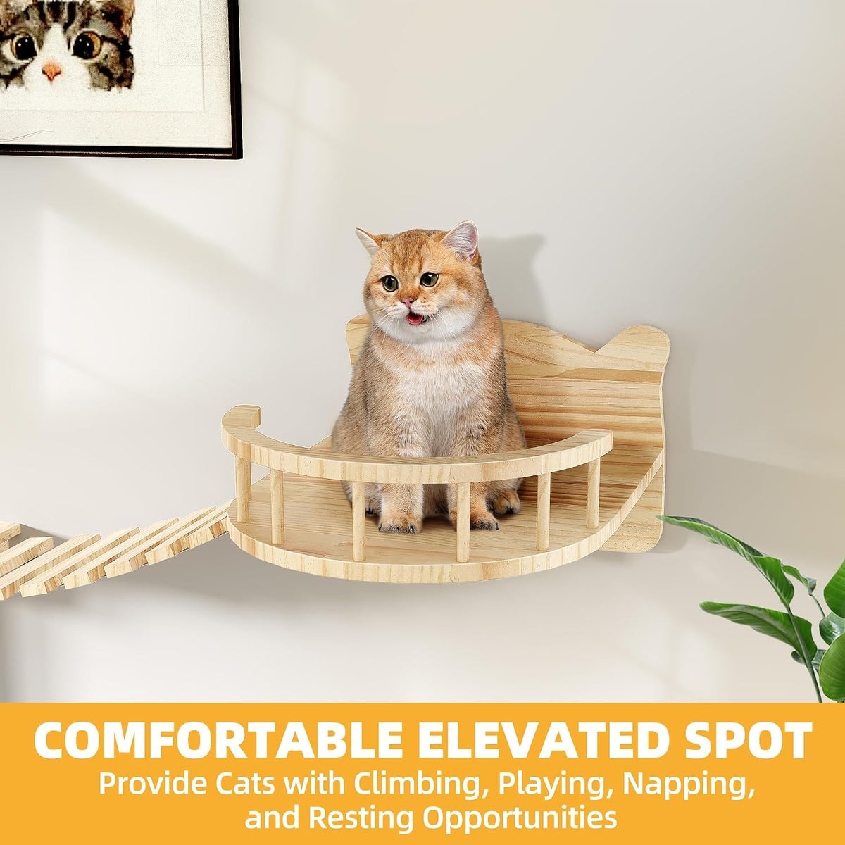 Cat Wall Shelves, 9-in-1 Wood Cat Wall Furniture Set, Burlywood
