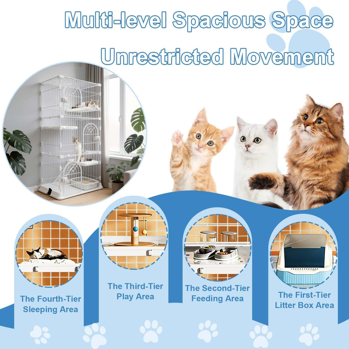 JaxShark Cat Cage for Indoor Cats, DlY Catio & Cat Playpen with Escape-Proof Spacing, Sturdy Metal Cat Crate Kennel for Kittens, Ferrets & Small Animals (White, 3-Tier 52.5")