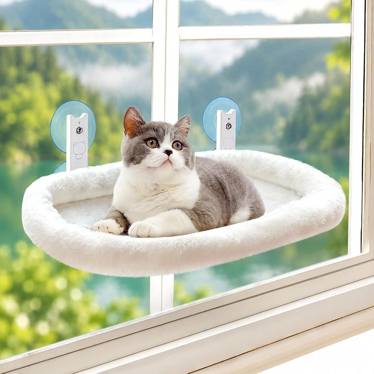 Cat Window Perch with Cushion Bed Metal Frame, White