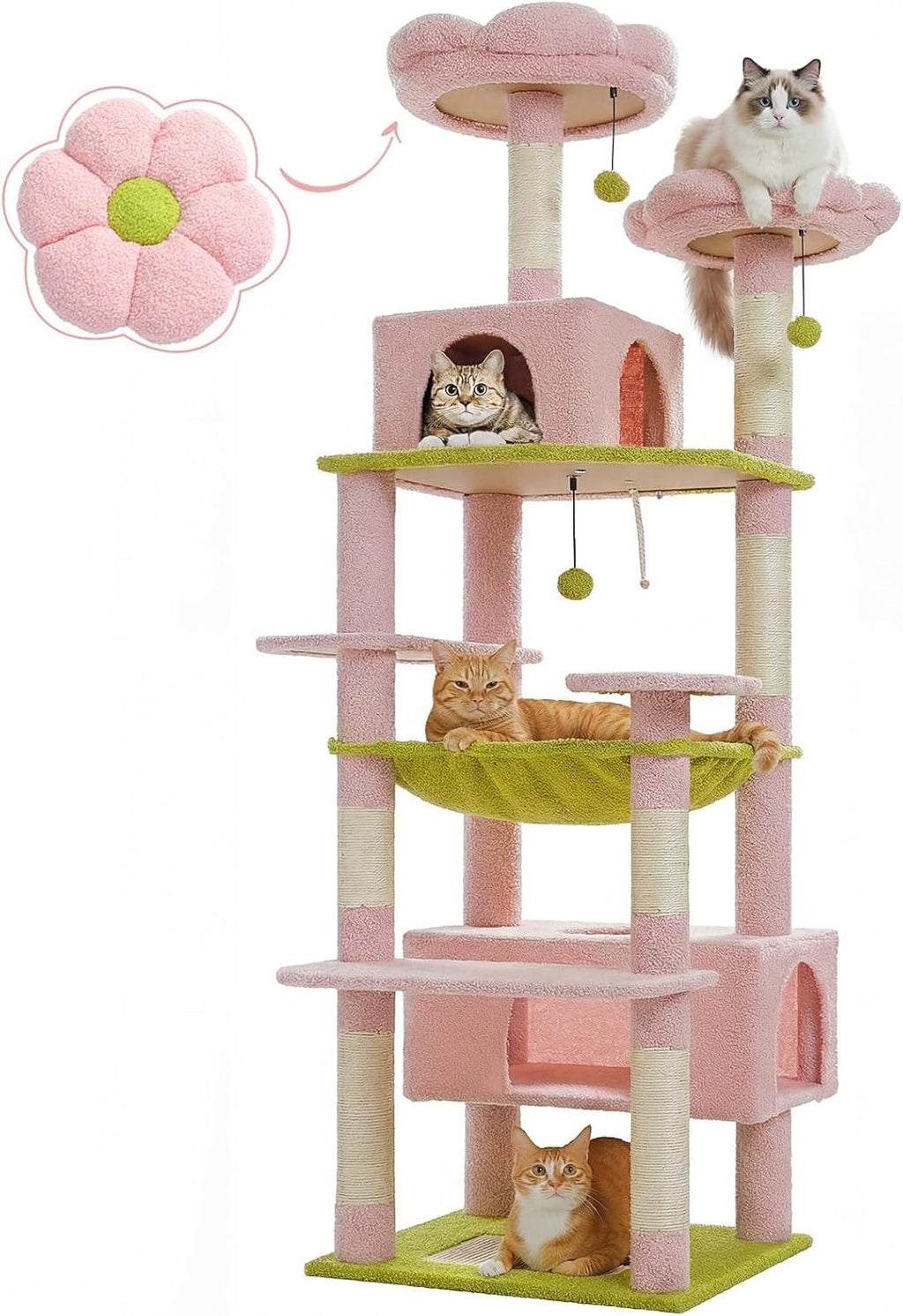 PAWZ Road Flower Cat Tree 72" Cat Tower with Condos&Hammock for Large Cats