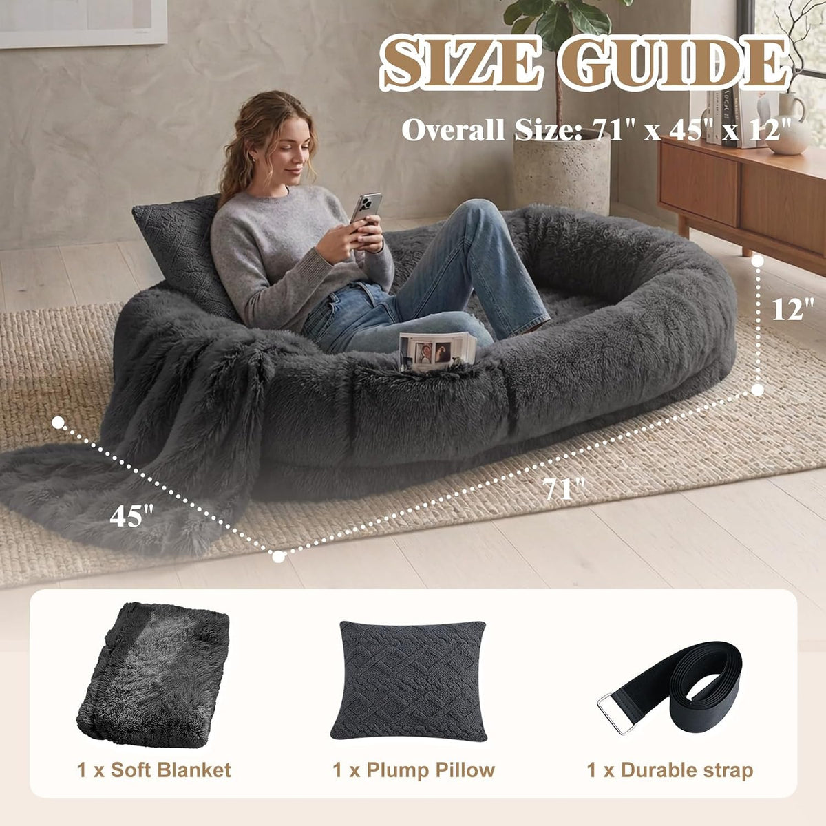 WROS Human Dog Bed for Adult, 71"x45"x12" Giant Calming Nest Bed, Dark Grey