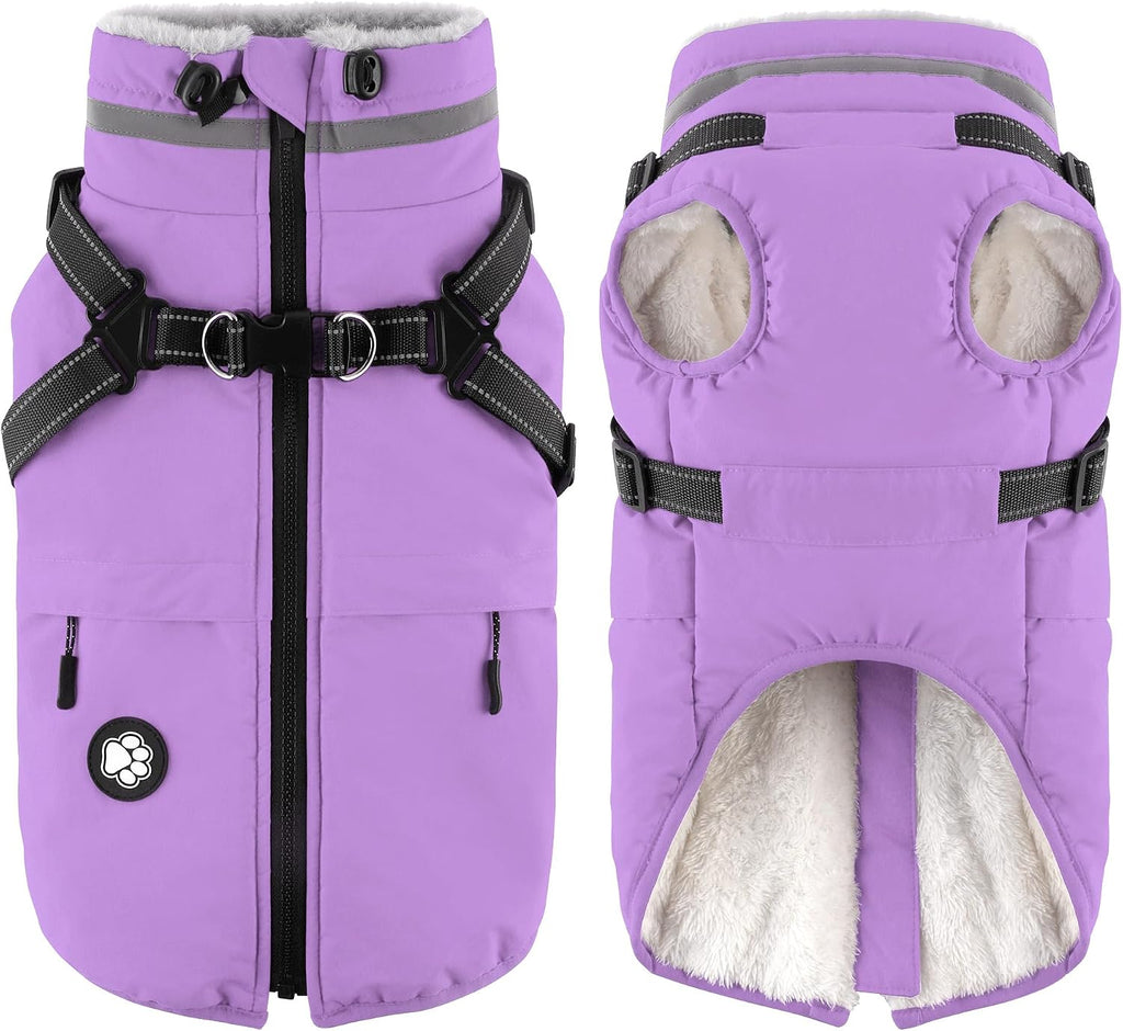 Dogcheer Dog Coat with Harness and Zipper, Waterproof Dog Fleece Jacket