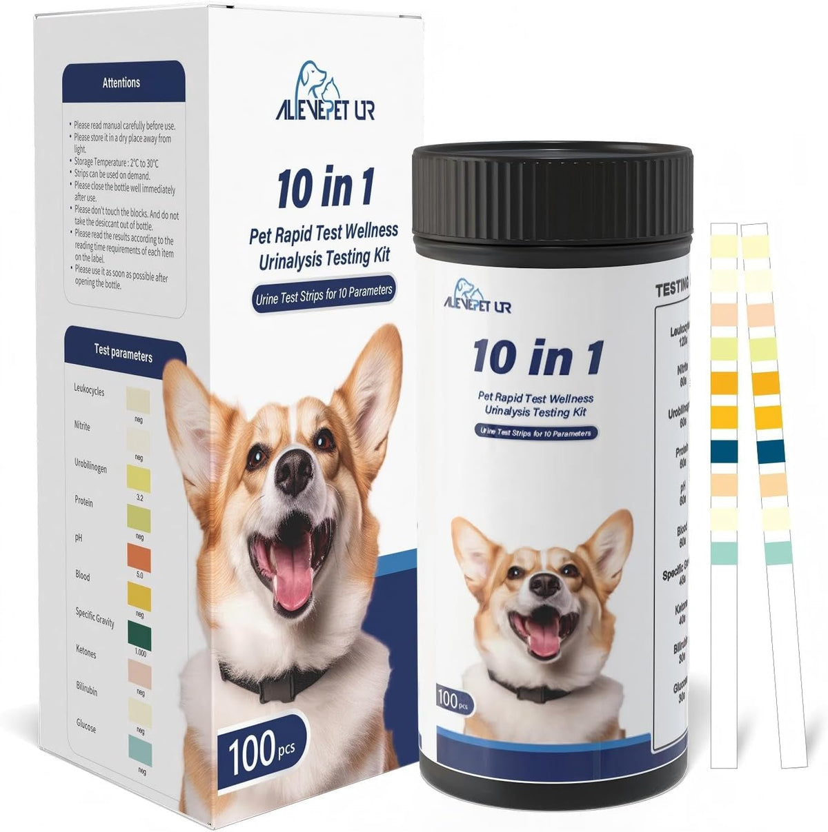 10 Parameter Urinalysis Test Strips for Dog, Pet UTI Test Strips 100ct, Diabetes, Blood, Ketone, UTI, Glucose, Nitrite, 
