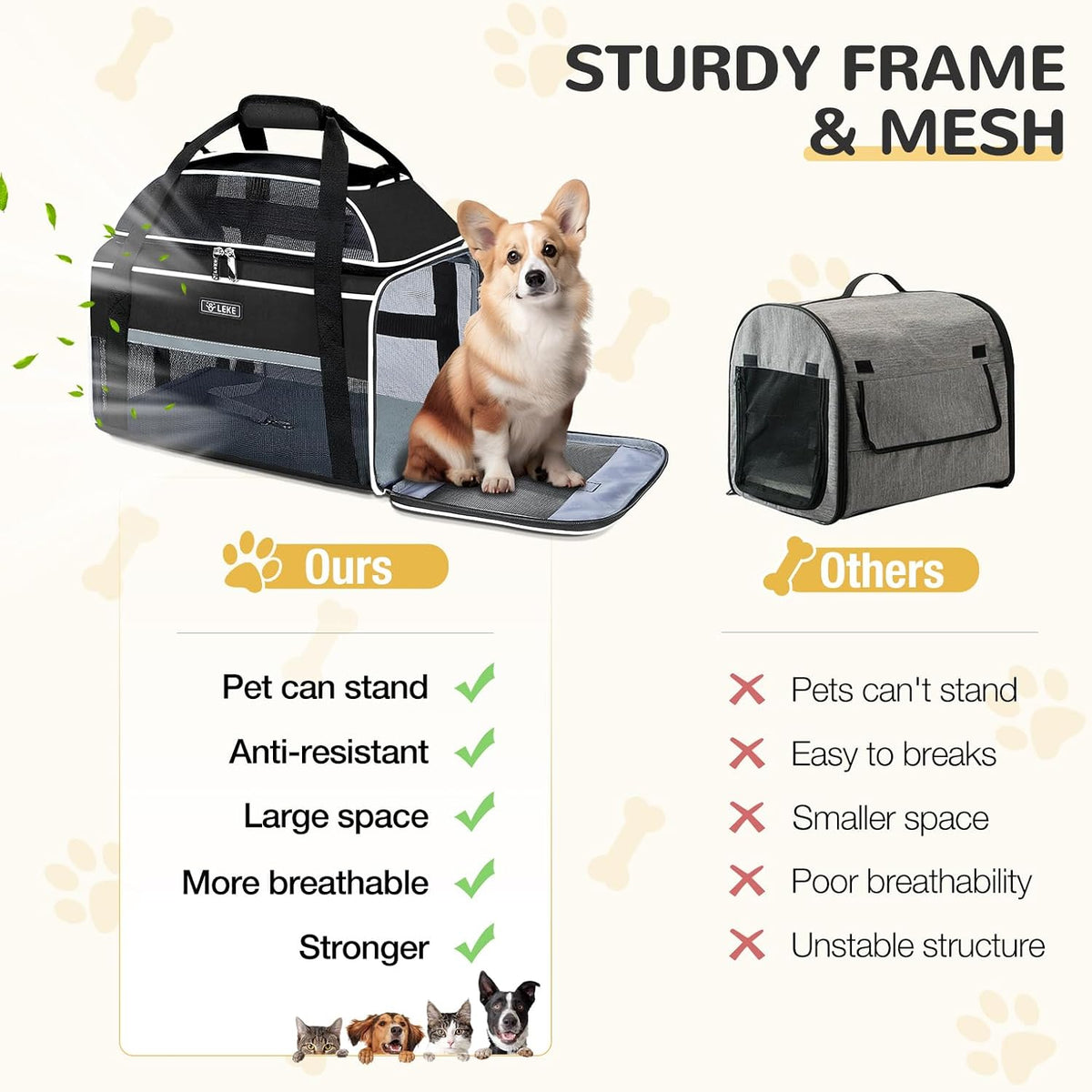 Lekereise Top-Expandable Pet Carrier 18x13x9.5 Inch Southwest Frontier Airline Approved Soft Sided Underseat to 15lbs Tr