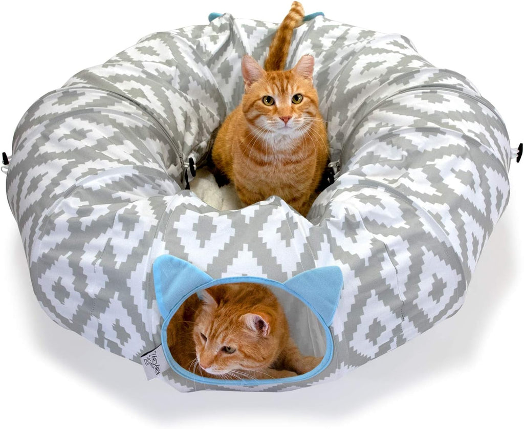 Kitty City Large Cat Tunnel Bed, 2-in-1 Zip-Together Cat Play Tunnel & Plush Nap Bed, Pop-Up Indoor Cat Toy with Hanging
