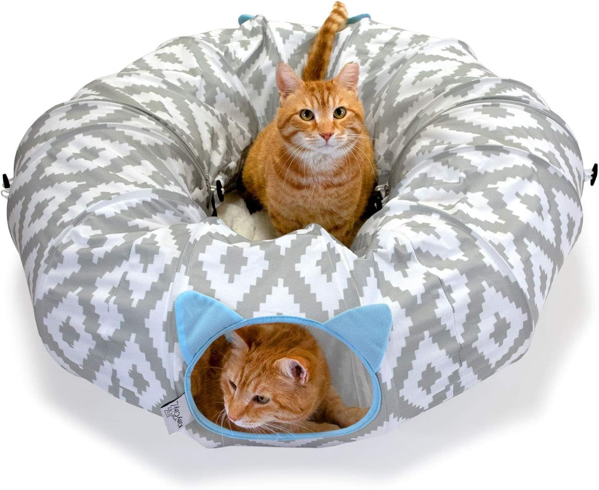 Kitty City Large Cat Tunnel Bed, 2-in-1 Zip-Together Cat Play Tunnel & Plush Nap Bed, Pop-Up Indoor Cat Toy with Hanging