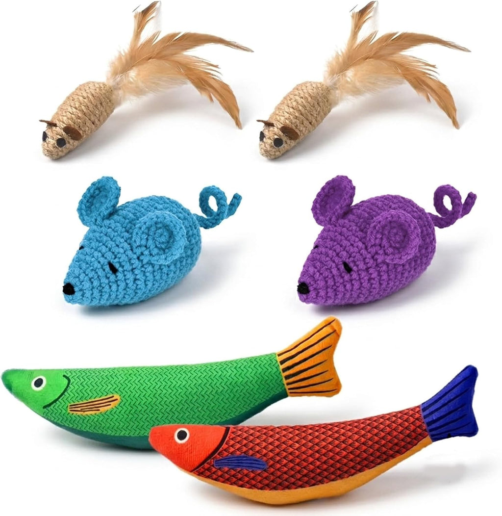 6 Pack Interactive Cat Toy - Crochet Mouse and Catnip Fish Set