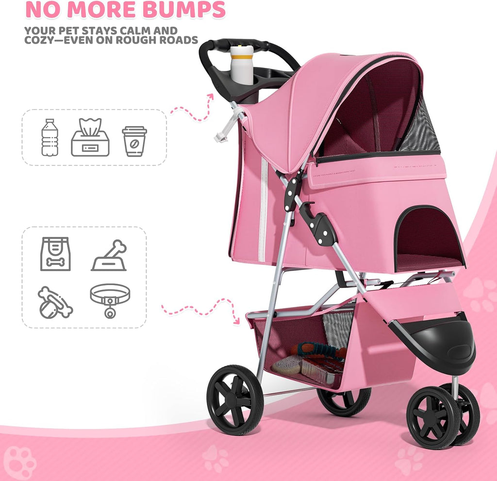 Magshion 3-Wheel Pet Stroller for Small/Medium Dog Cat, Up to 33lbs, Pink