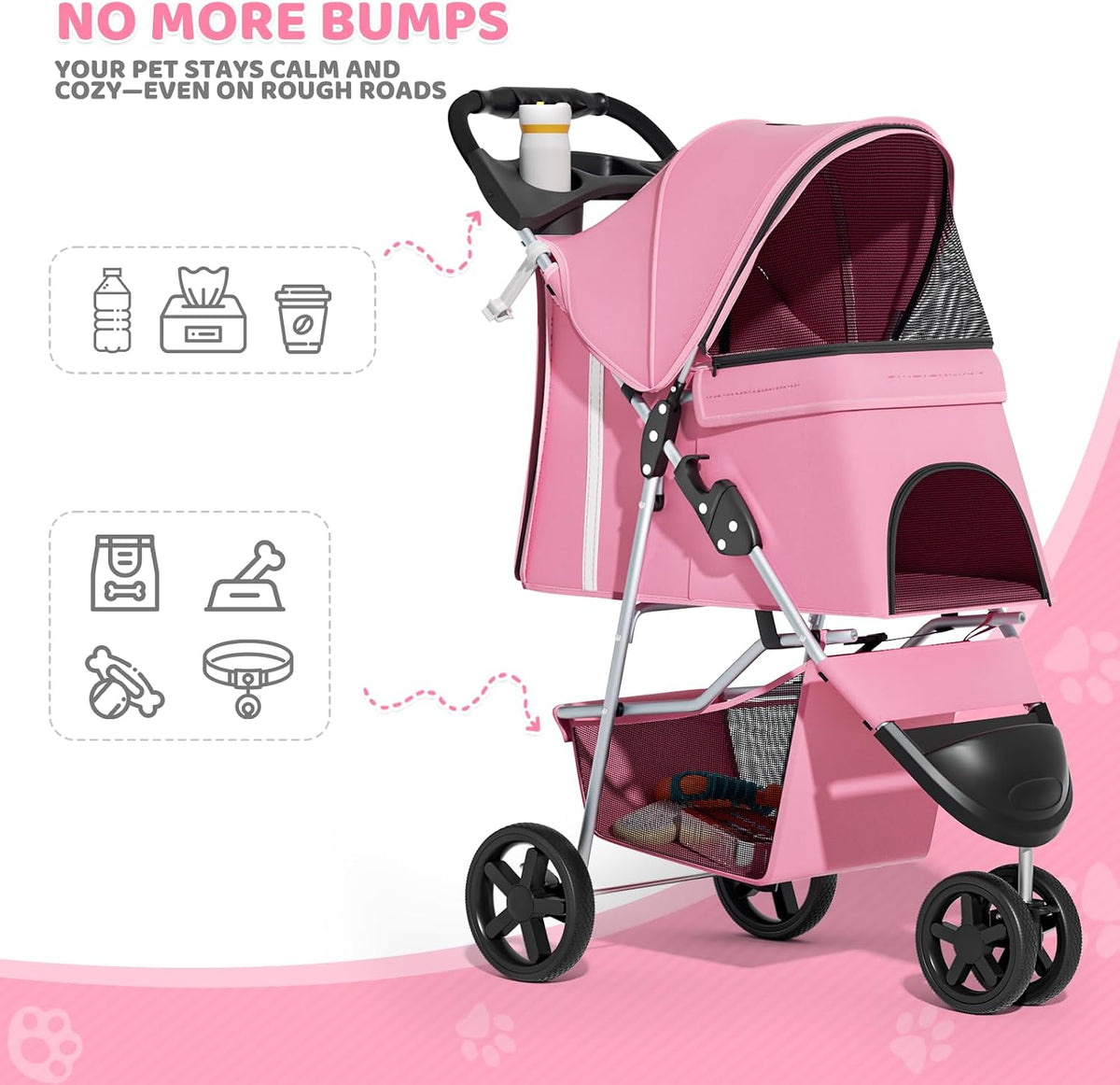Magshion 3-Wheel Pet Stroller for Small/Medium Dog Cat, Up to 33lbs, Pink