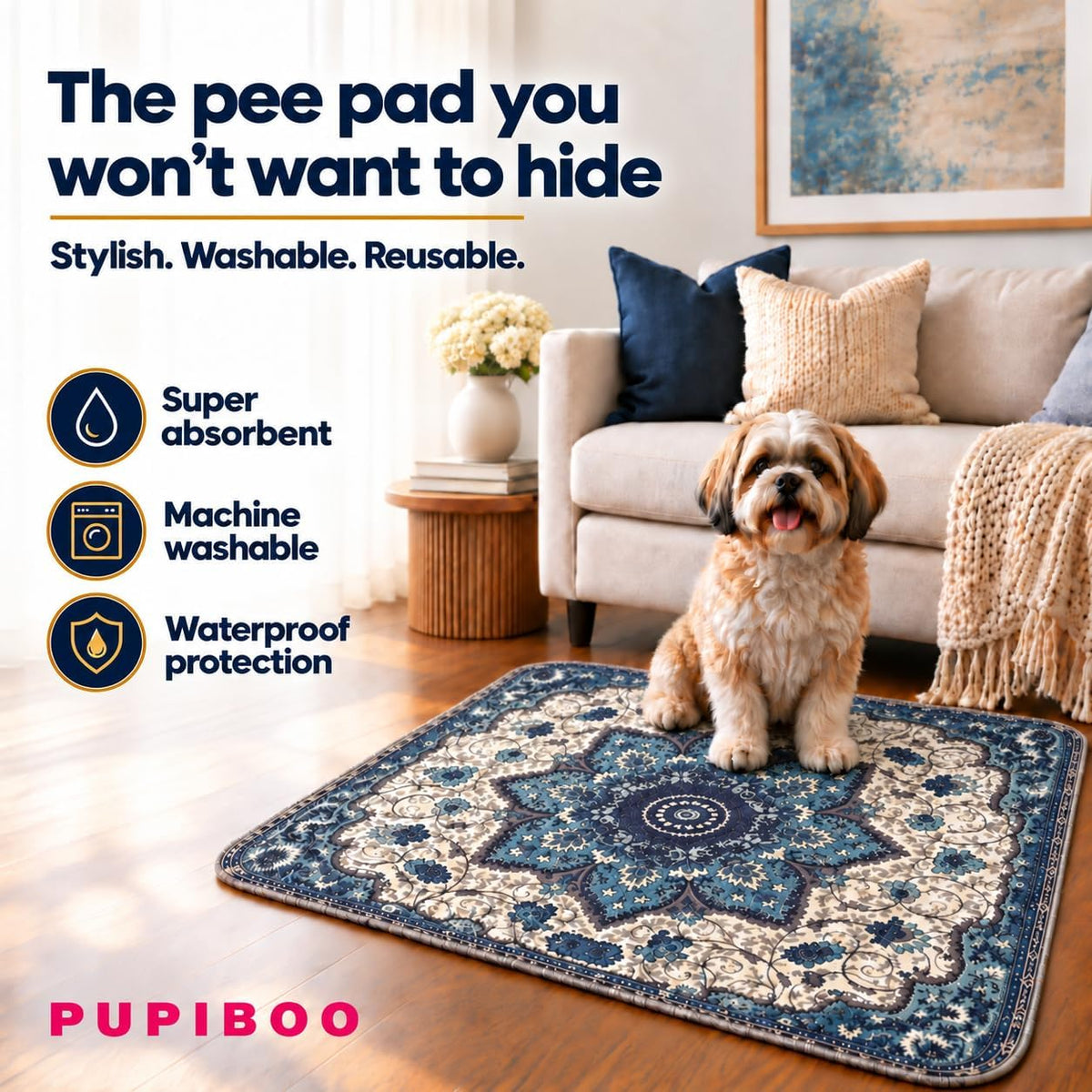 PUPIBOO Washable Pee Pads for Dogs and Cats - Super Absorbent Reusable Puppy Training Pads - 100% Waterproof, Leak-Proof